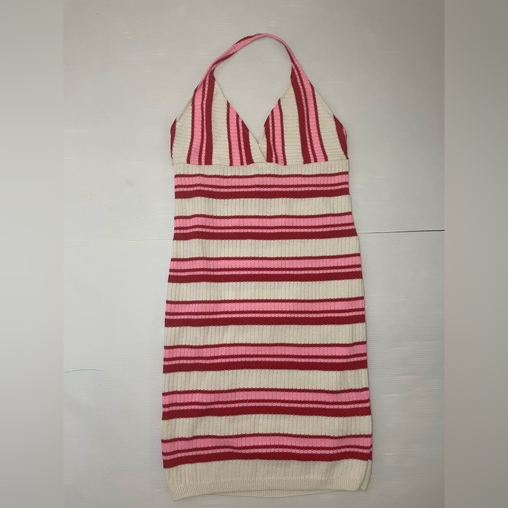 MalaYerba Pink Red White Striped Halter Mini Dress Size Small